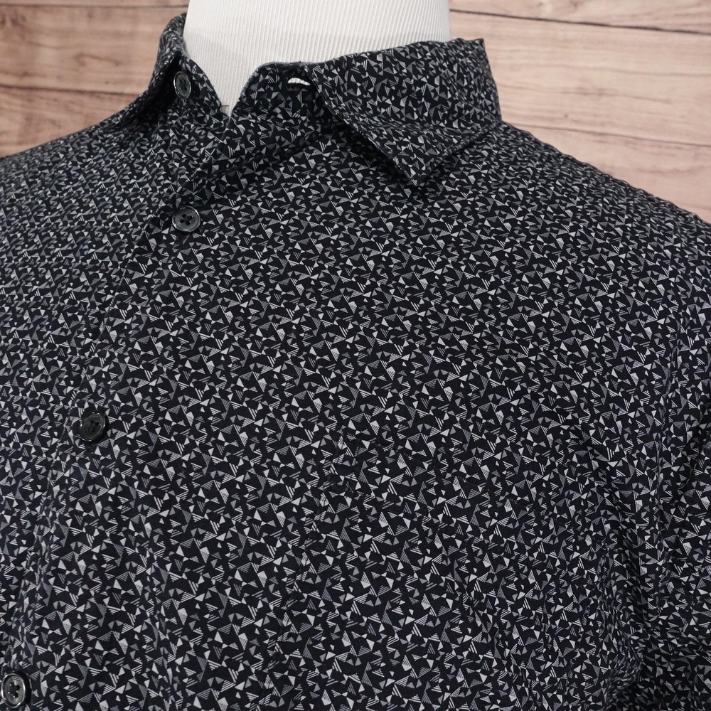 Claiborne Shirt Mens 2XL Black Gray Micro Print Short Sleeve Slim Fit Stretch - Picture 2 of 8